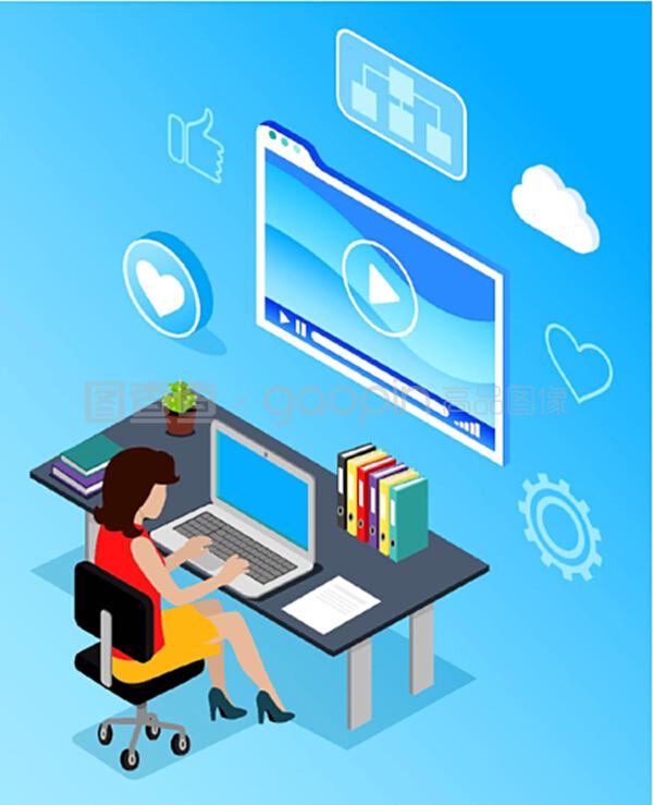 工作場(chǎng)所的商業(yè)網(wǎng)絡(luò)通信。辦公室使用手提電腦無線設(shè)備的女性。藍(lán)色的媒體顯示和互聯(lián)網(wǎng)圖標(biāo)像和云。PC向量的數(shù)字營(yíng)銷專家。計(jì)算機(jī)向量的數(shù)字營(yíng)銷專家